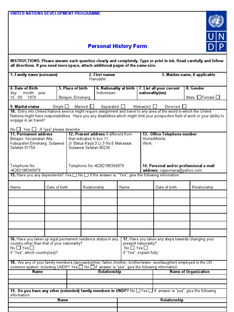 UNDP Personal History Form (P11) | PDF | Test (Assessment) | Diploma