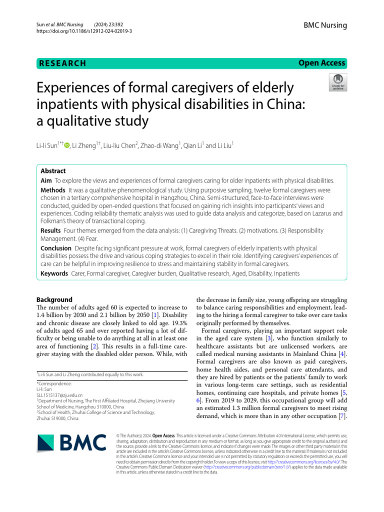 Experiences of Formal Caregivers of Elderly Inpatients With Physical ...