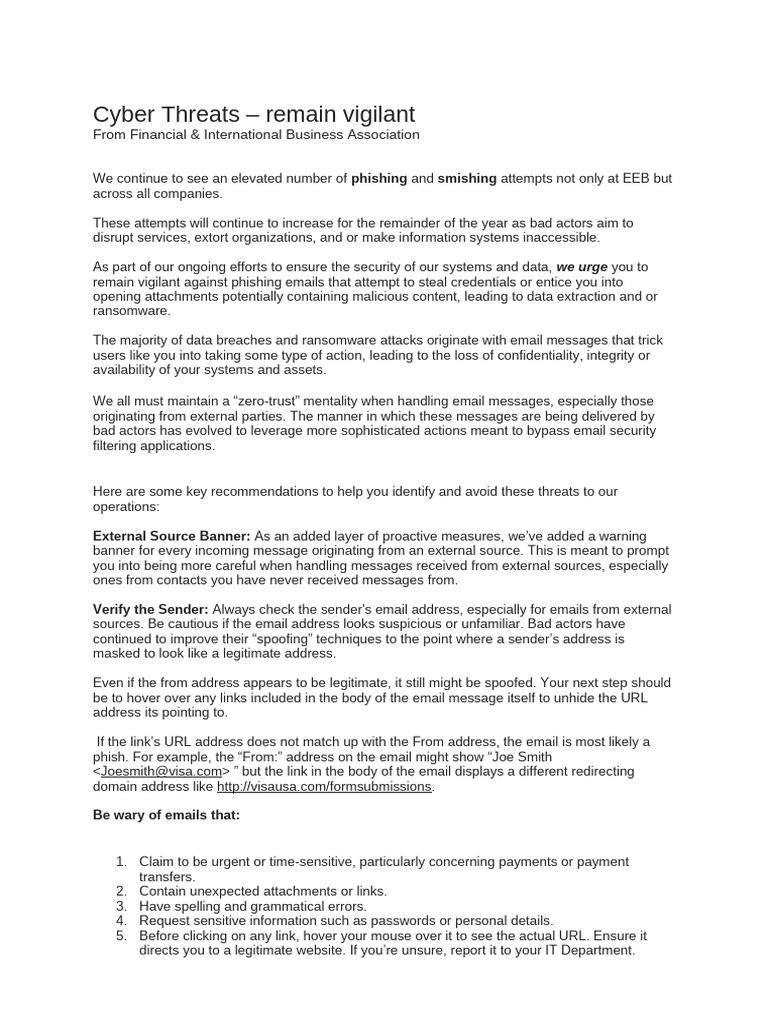 Stay Vigilant Against Cyber Threats | PDF | Phishing | Security