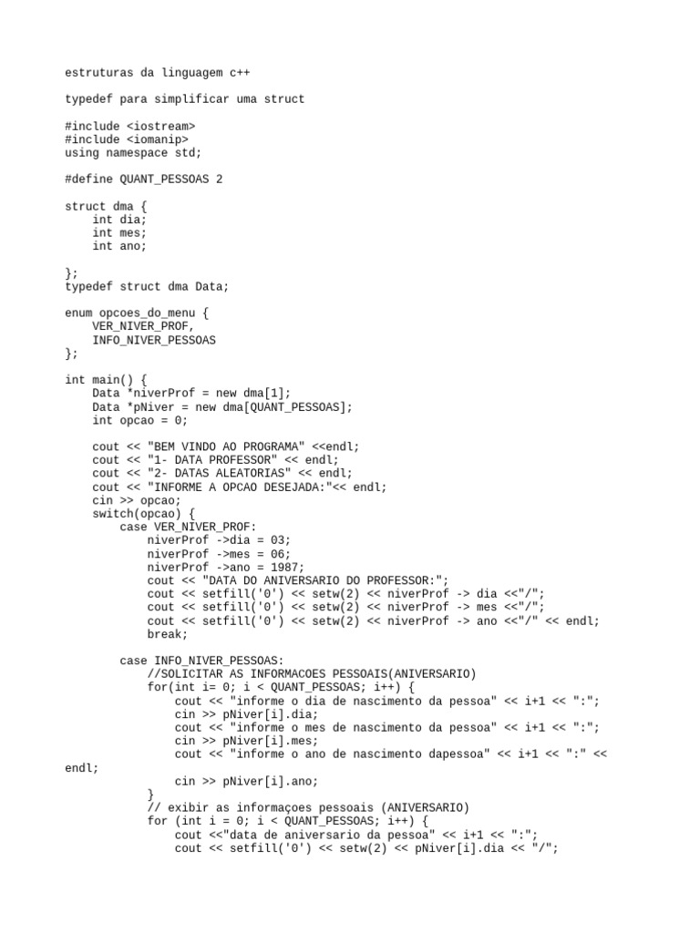 Estruturas em C++ para Aniversários | PDF | Programação de computadores ...