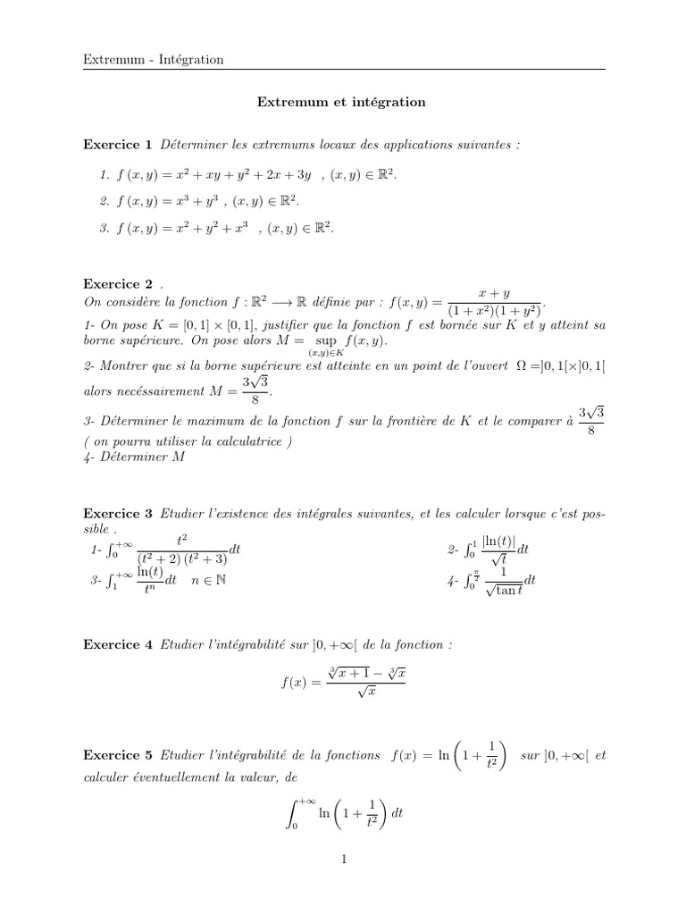Exercices sur les extremums et intégration | PDF | Mathématiques ...