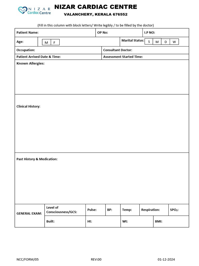 Inpatient Assessment Form - Nizar Cardiac Centre | PDF