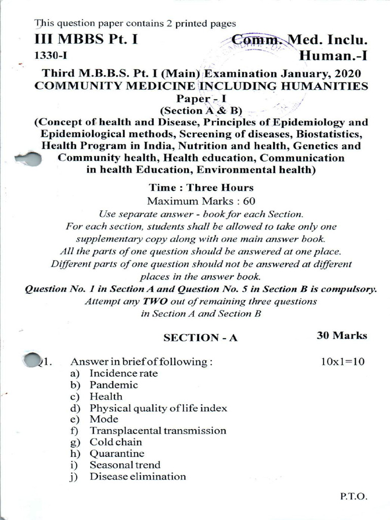IIIrd MBBS Part I Main & Remand 2020 & 2021 Community Medicine ...