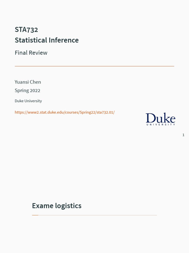 STA732 Statistical Inference Final Review | PDF | Estimator | Bias Of ...