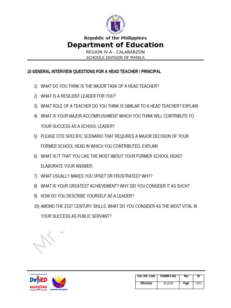 Interview Questions for School Leaders | PDF