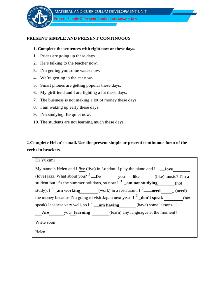 Present Simple vs Continuous Exercises | PDF | Linguistics