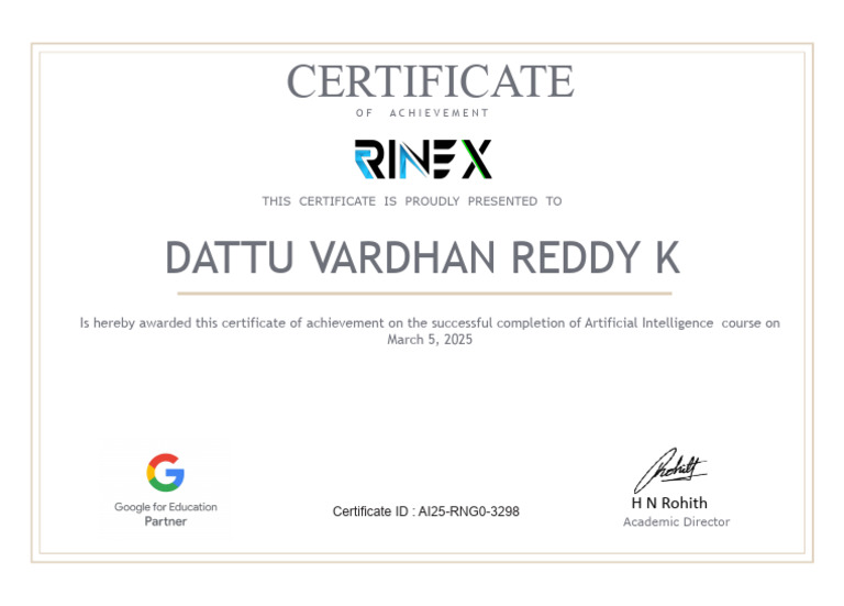 Achievement Certificate for Dattu Reddy | PDF
