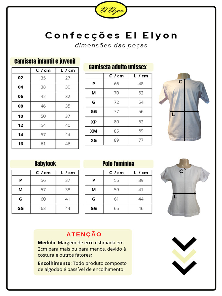 Dimensões das Camisetas El Elyon | PDF