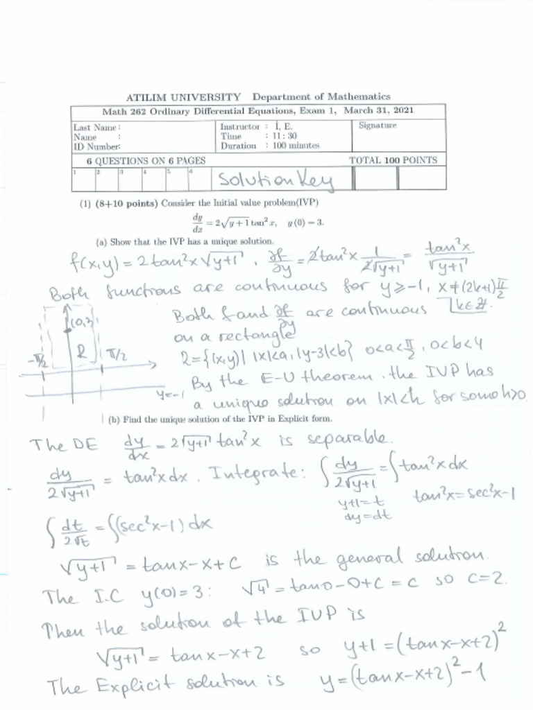 Math262 2020 21 Spring Exam1 SolutionKey | PDF