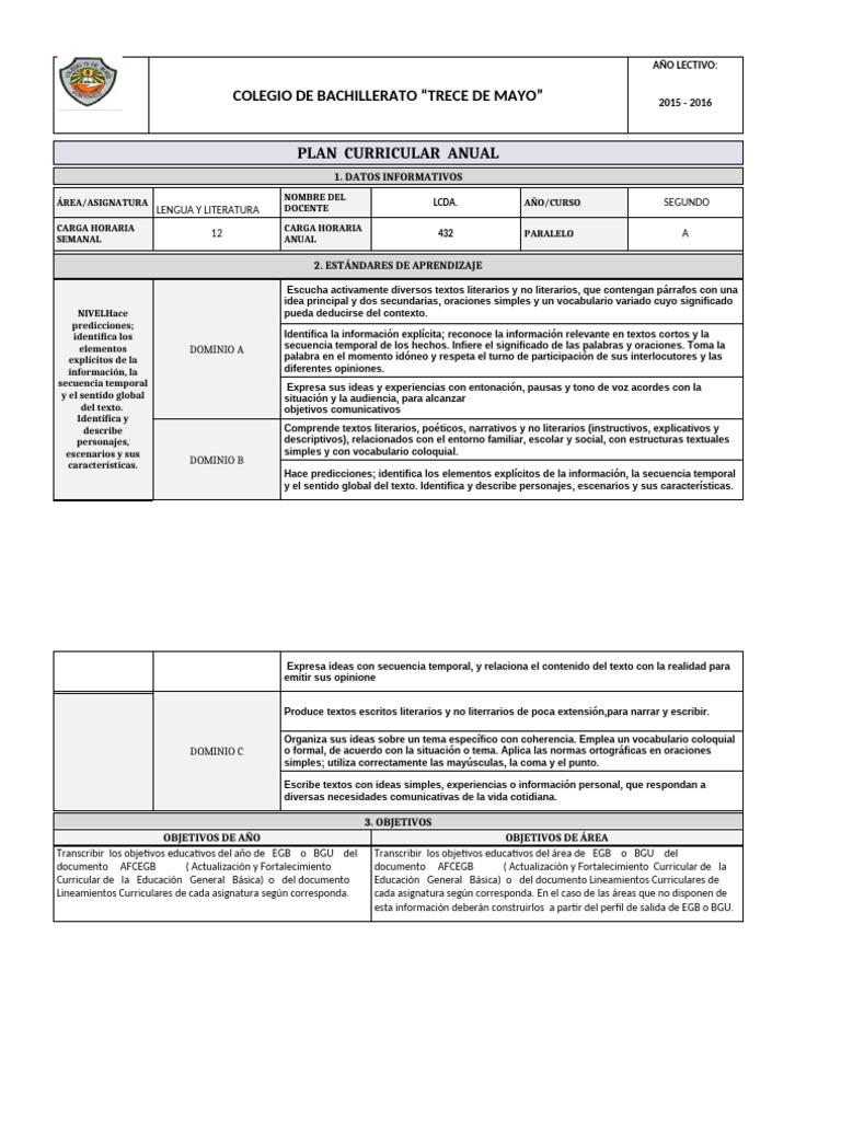 Plan Curricular Anual Lengua y Literatura | PDF | Plan de estudios ...
