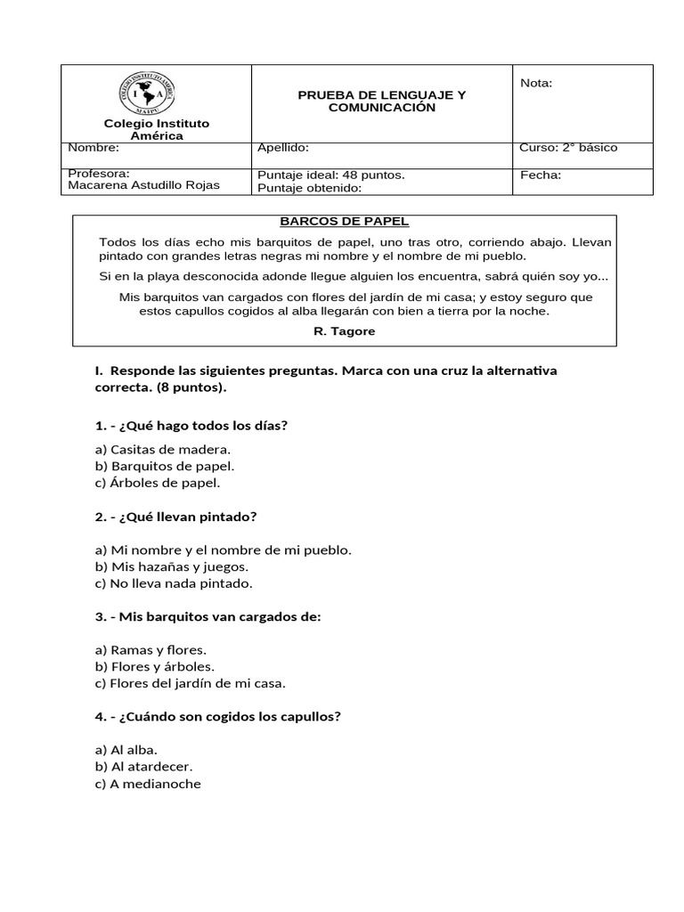 Prueba de Lenguaje 2° Básico: Barcos de Papel | PDF