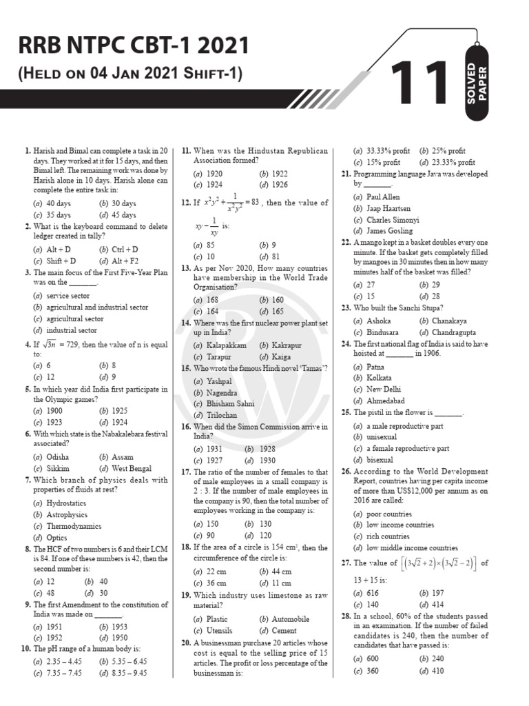 RRB NTPC CBT-1 2021 Solved Paper | PDF | Ph