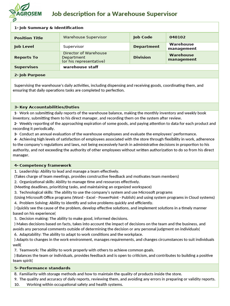 Warehouse Supervisor Job Description | PDF | Occupational Safety And ...