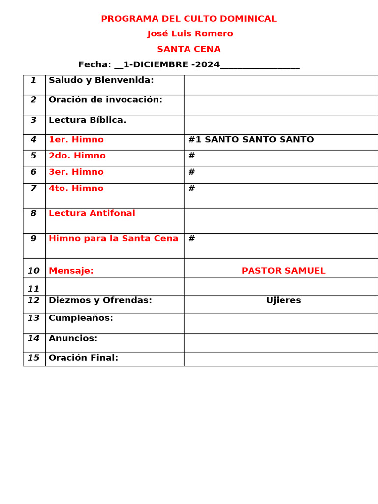 Programa Dominical Santa Cena 13 Octubre 2024 | PDF