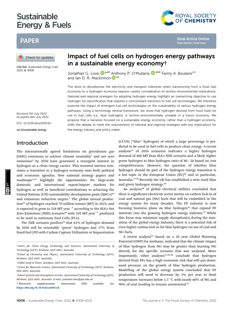 Impact of Fuel Cells On Hydrogen Energy Pathways in A Sustainable ...
