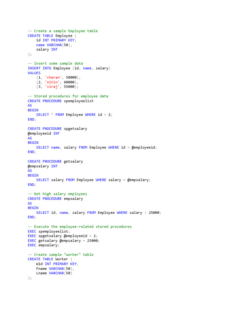 Sample SQL Employee and Worker Tables | PDF