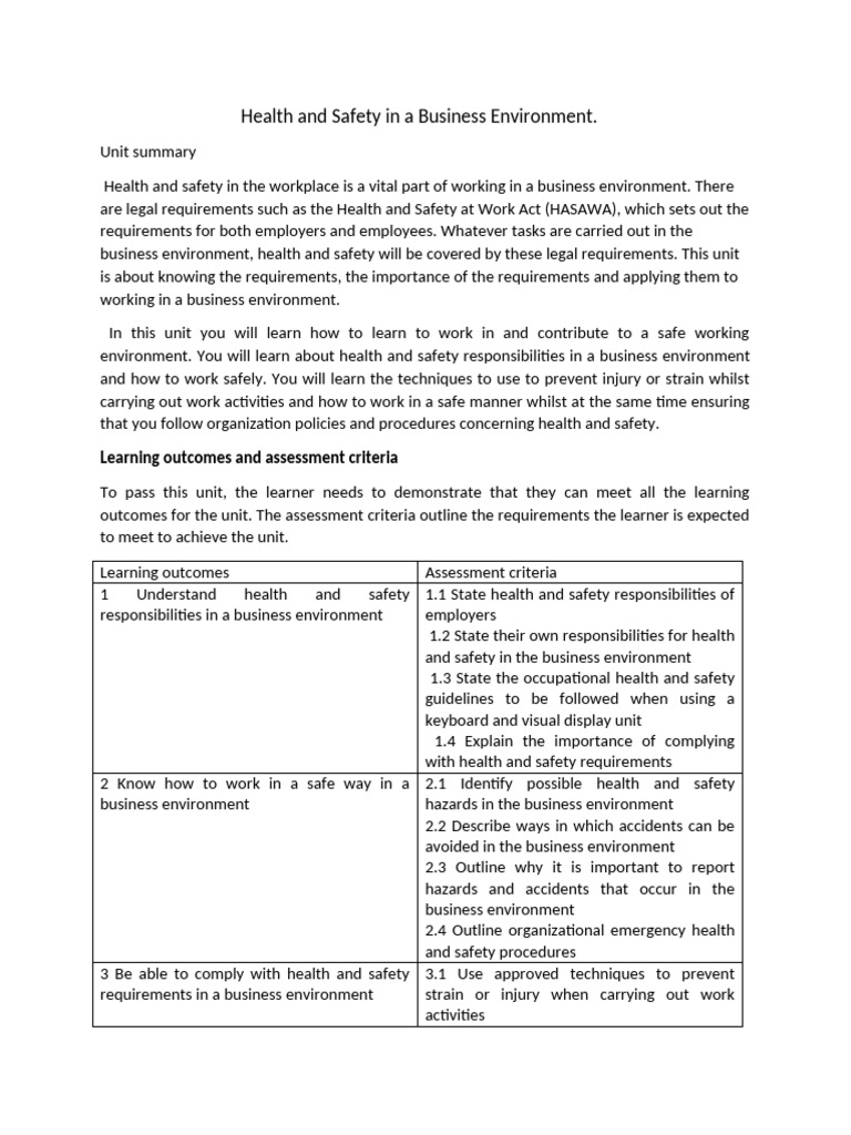 Health and Safety in A Business Environment | PDF | Occupational Safety ...