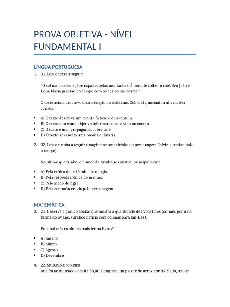 Prova Objetiva: Língua Portuguesa e Matemática | PDF