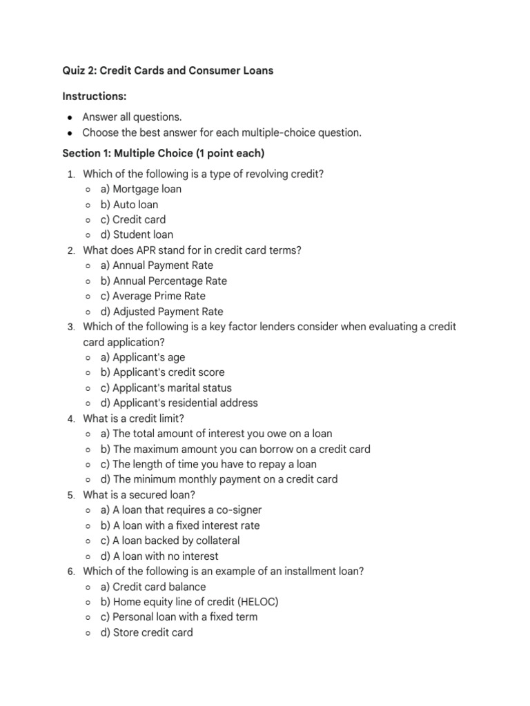 Credit Cards and Loans Quiz Guide | PDF | Finance & Money Management ...