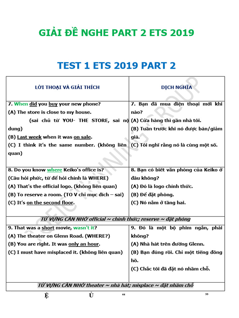 Key Test 1,2 p2 Ets 2019 Dich | PDF