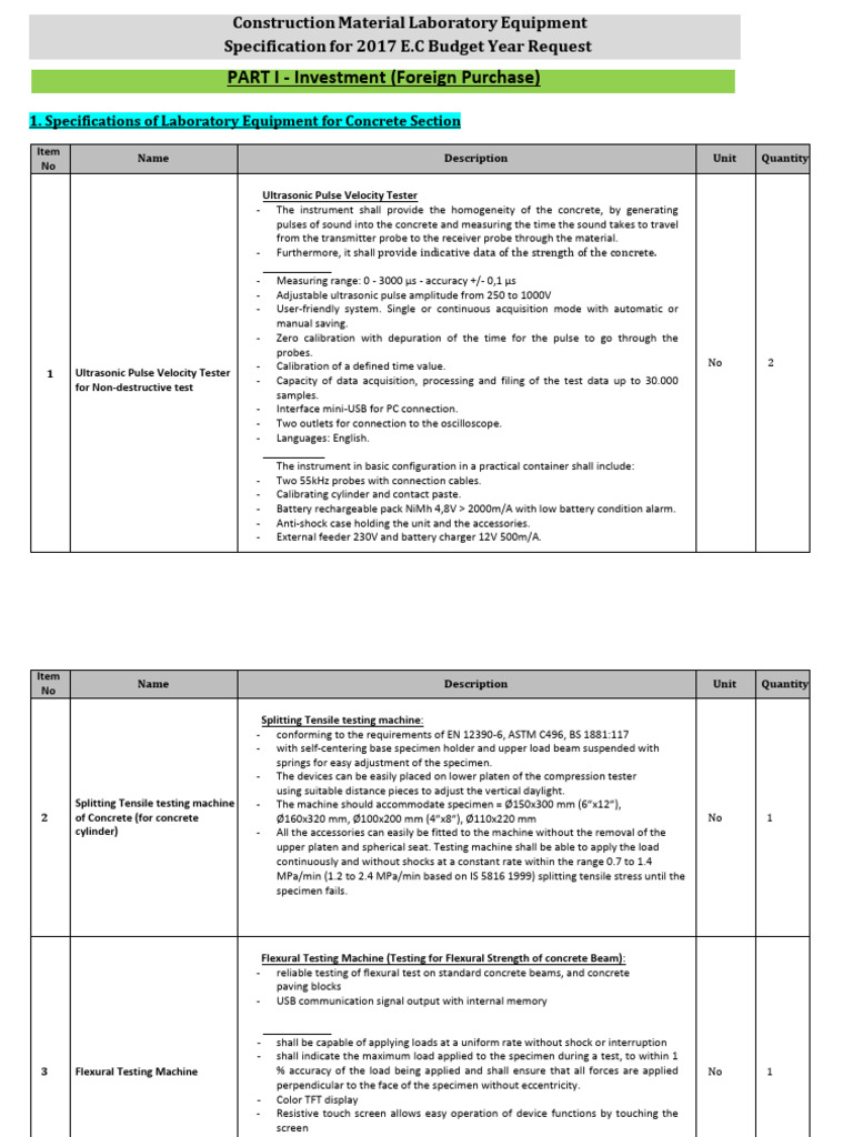 Construction Lab Equipment Specifications | PDF | Calibration | Concrete