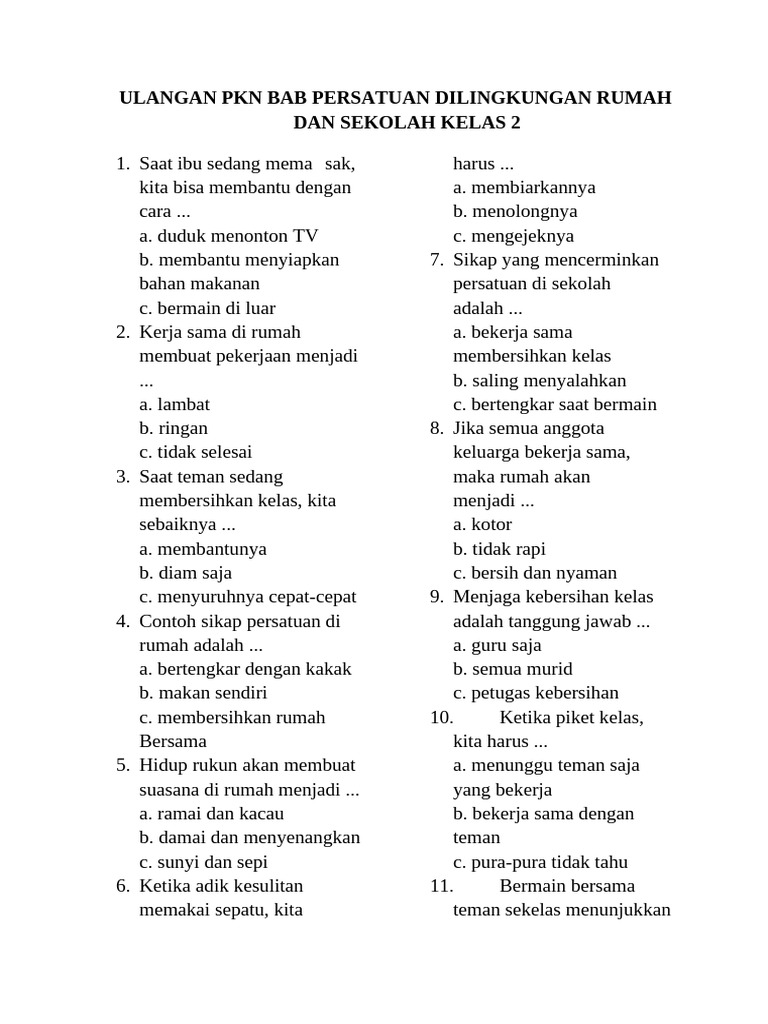 Ulangan PKN Kelas 2: Persatuan di Rumah dan Sekolah | PDF
