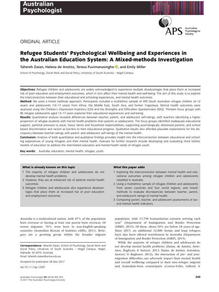 Refugee Students' Mental Health in Australia | PDF | Psychology ...