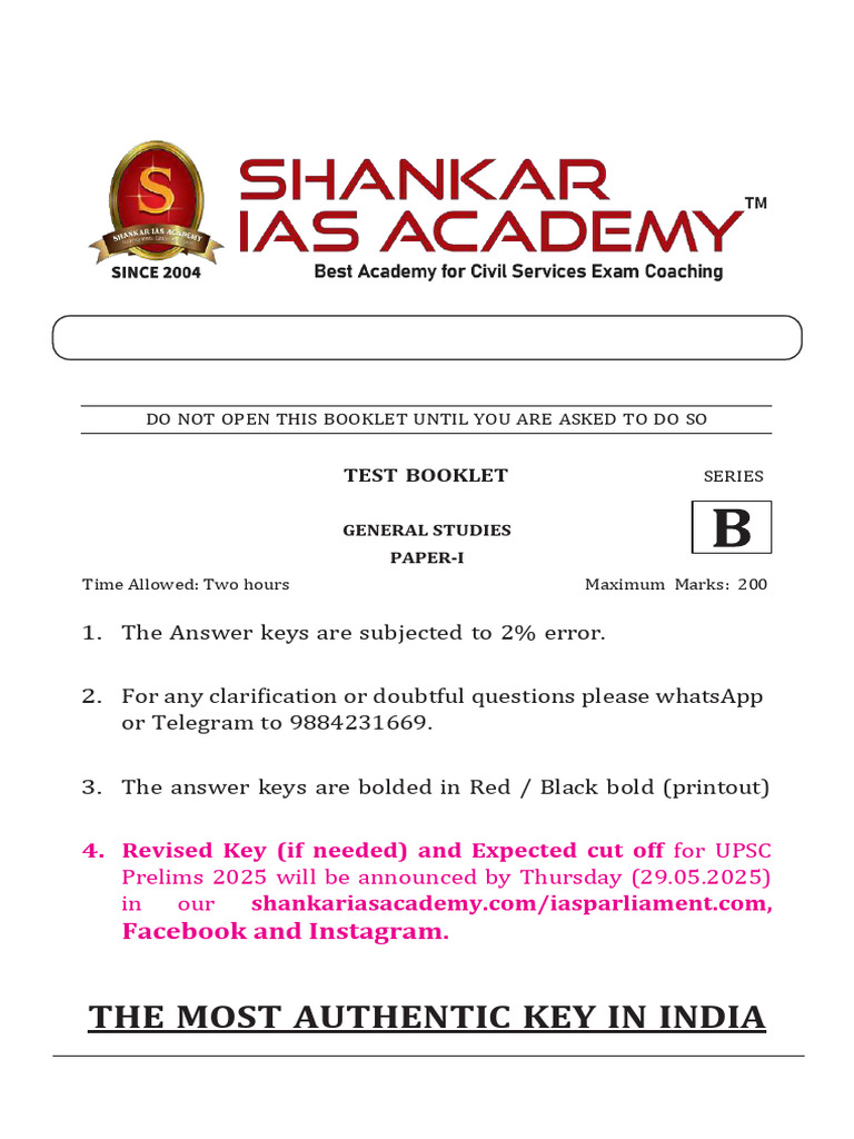 Shankar Ias Upsc Prelims 2025 Paper I Key (B Series) | PDF | Temperate ...