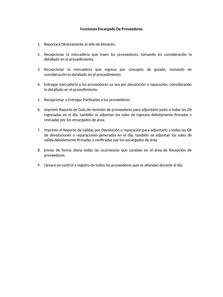 Funciones del Encargado de Proveedores | PDF