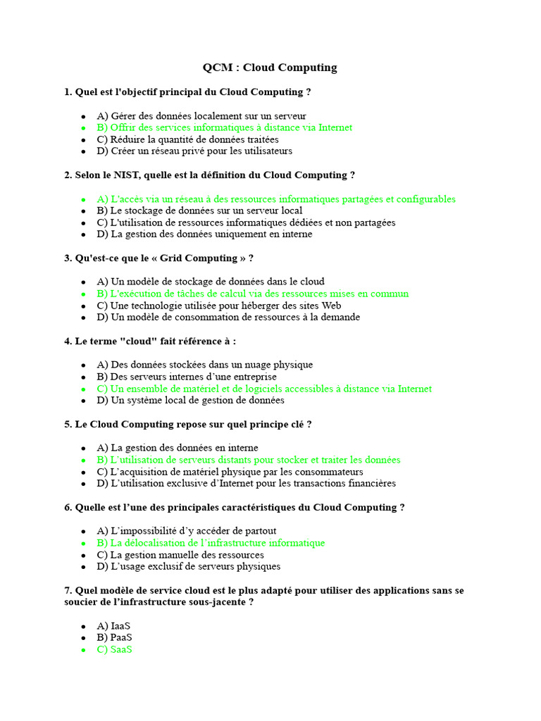 QCM sur le Cloud Computing | PDF | Cloud computing | Serveur (Informatique)