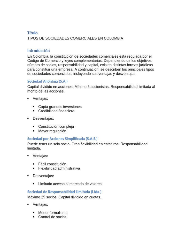 Tipos de Sociedades Comerciales en Colombia | PDF | Sociedad de ...