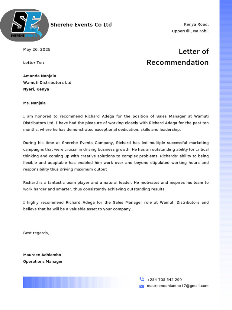 Letter of Recommendation - Sherehe Events Co LTD | PDF
