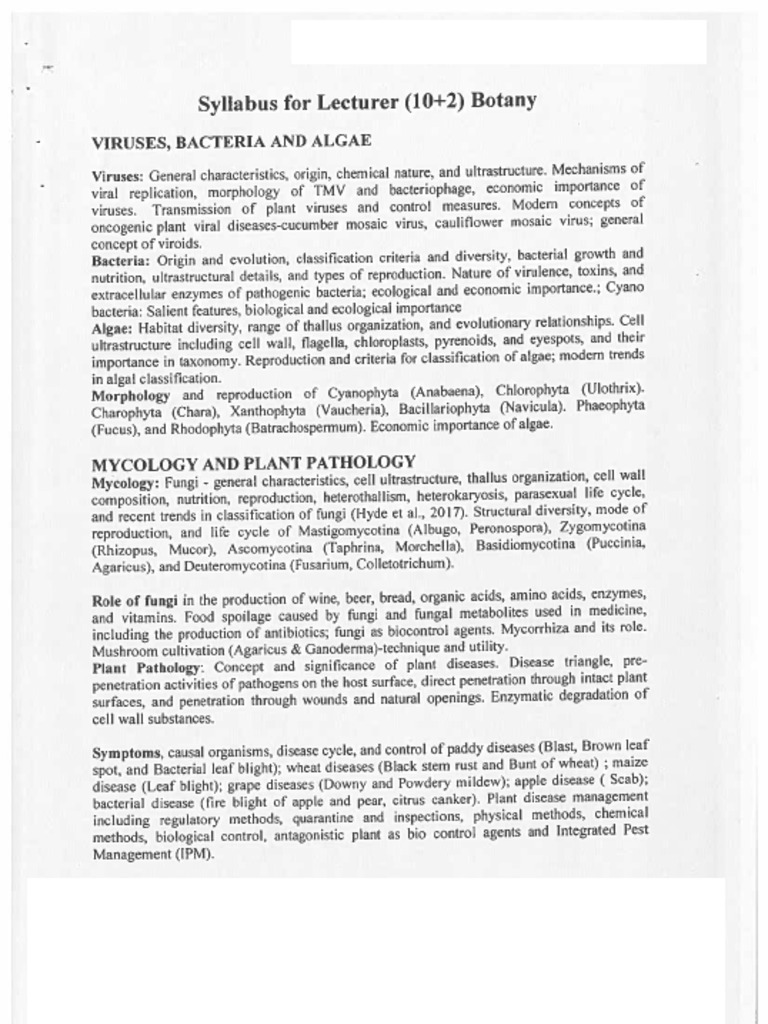 Syllabus For The Post of Lecturer Botany in School Education Department ...