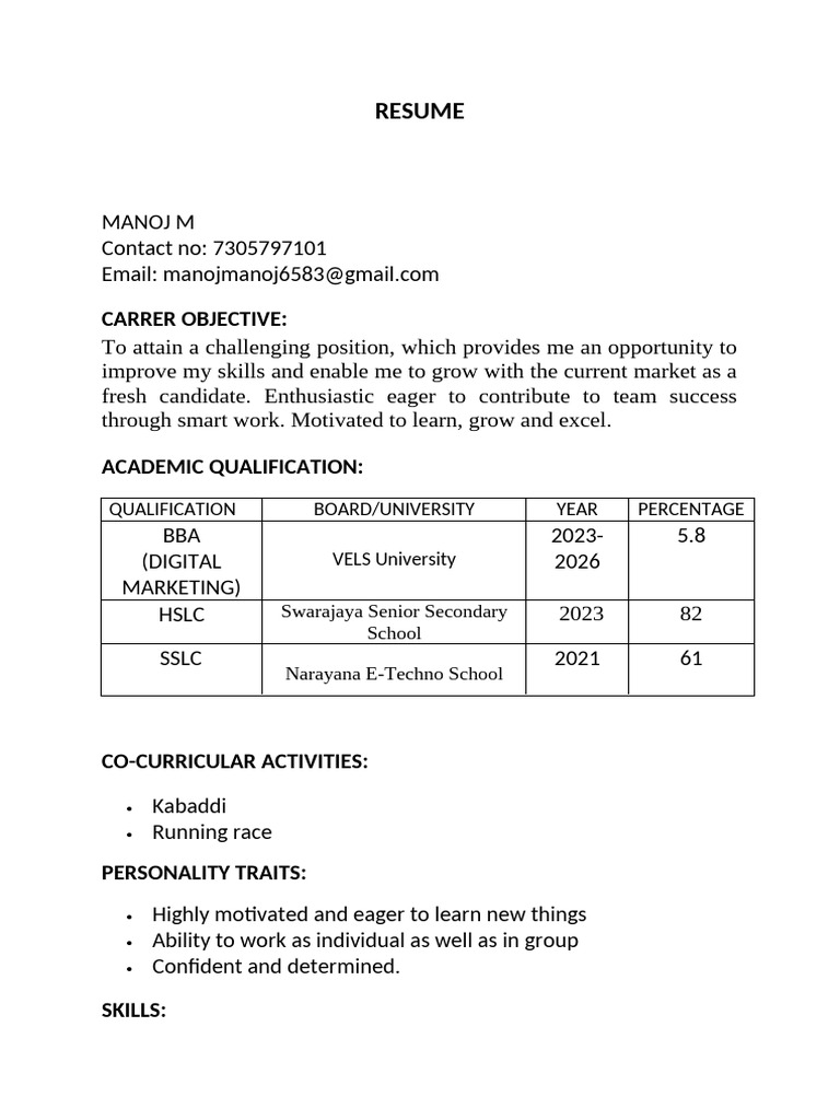 Nandhini Resume Pdf