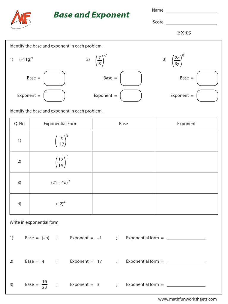 Identify Base and Exponent Worksheet | PDF | Exponentiation ...