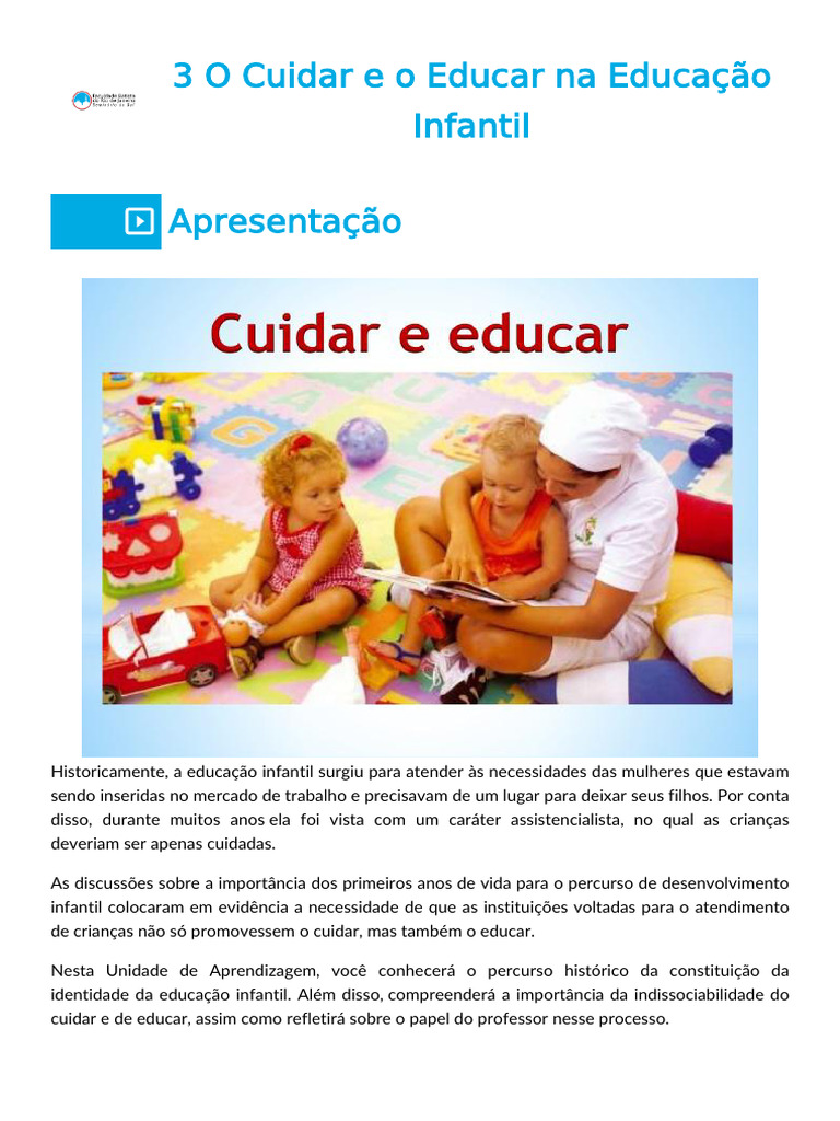 Cuidar e Educar na Educação Infantil | PDF | Pré-escola | Pedagogia