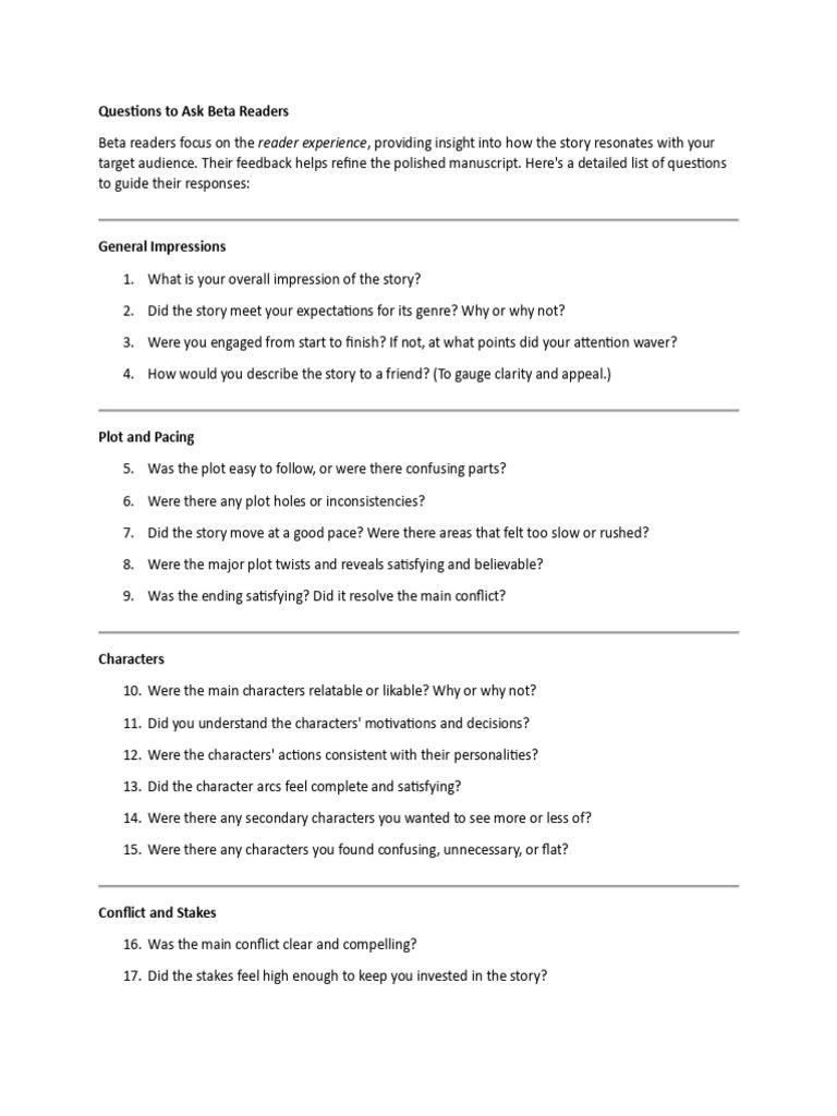 Questions To Ask Beta Readers | PDF