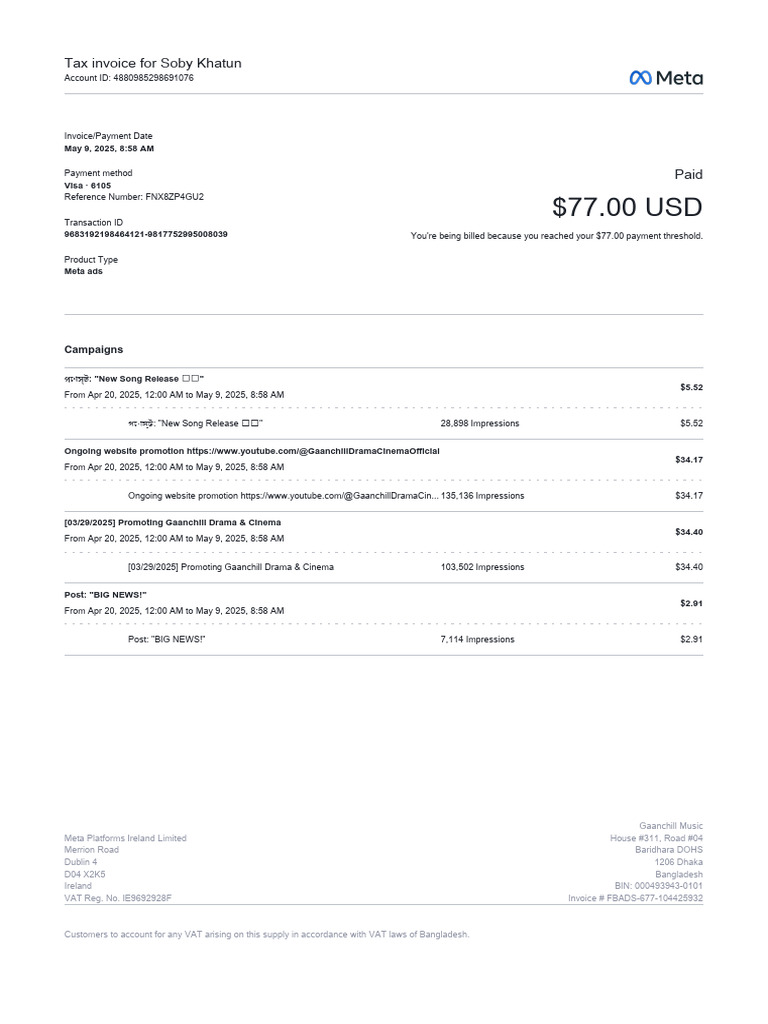 Meta Ads Invoice for Gaanchill Music | PDF | Invoice | Services (Economics)