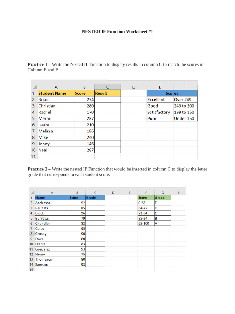 NESTED if Function Worksheet 1 | PDF