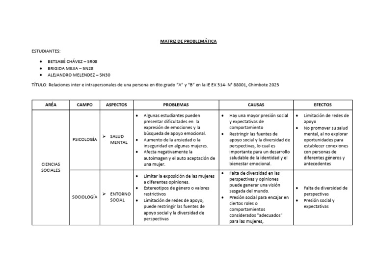 Matriz de Problemática - Grupo 34 | PDF | Las emociones | Apoyo social