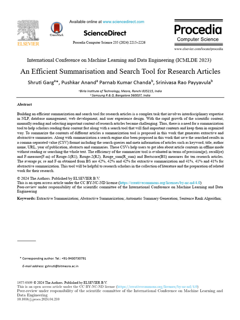 An Efficient Summarisation and Search Tool For Research Articles | PDF ...