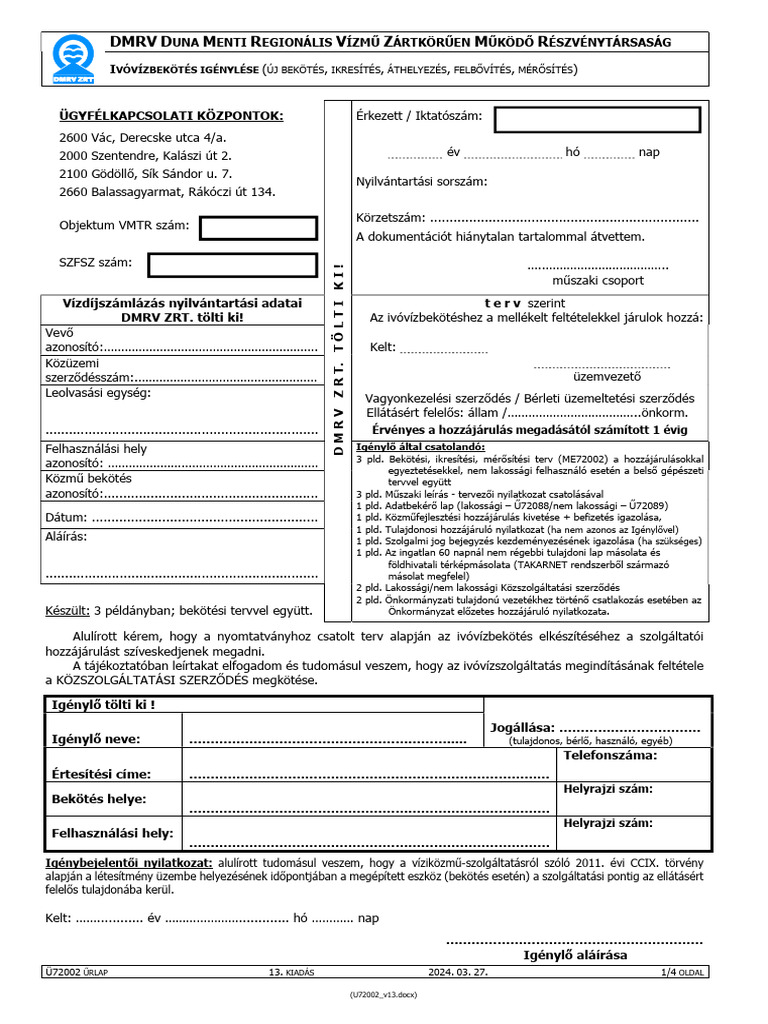 DMRV D M R V Z M R: Vóvízbekötés Igénylése | PDF