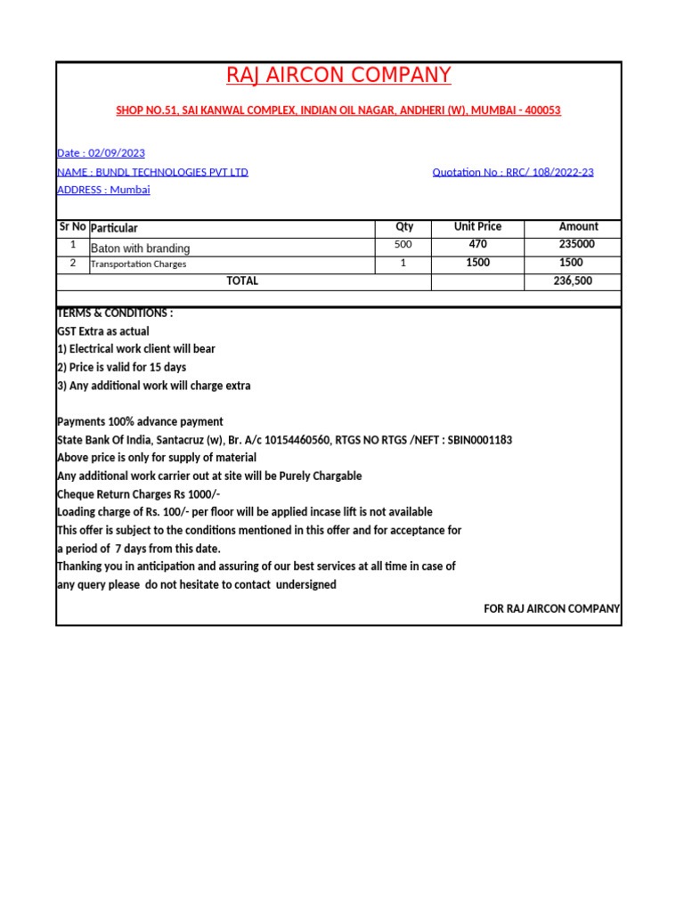 Bundle Quotation For Baton at Mumbai | PDF