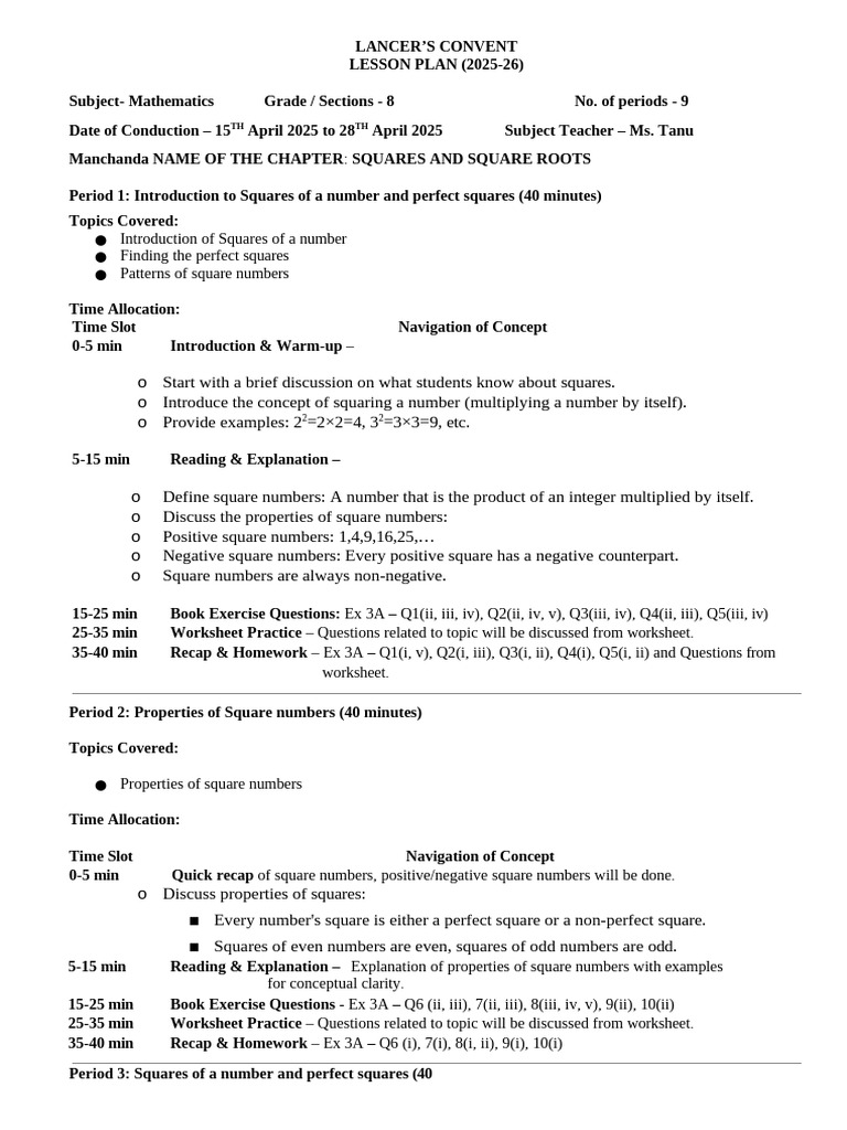 8th Grade Math: Squares & Roots Lesson Plan | PDF | Numbers | Worksheet