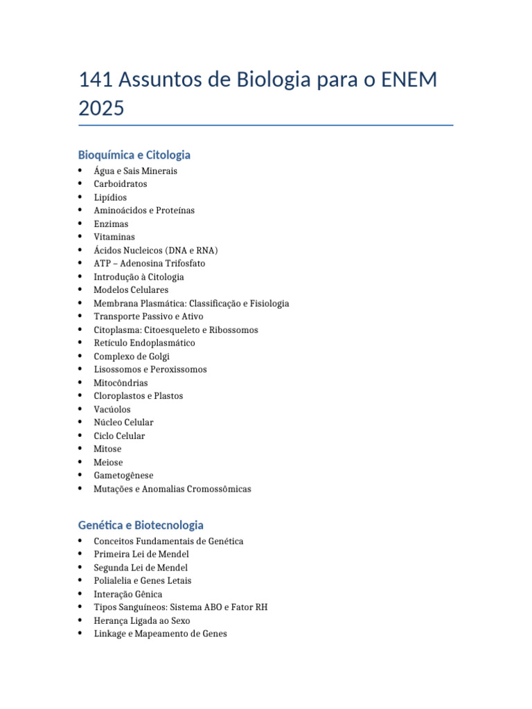 Assuntos de Biologia para o ENEM 2025 | PDF | Célula (Biologia) | Ecologia