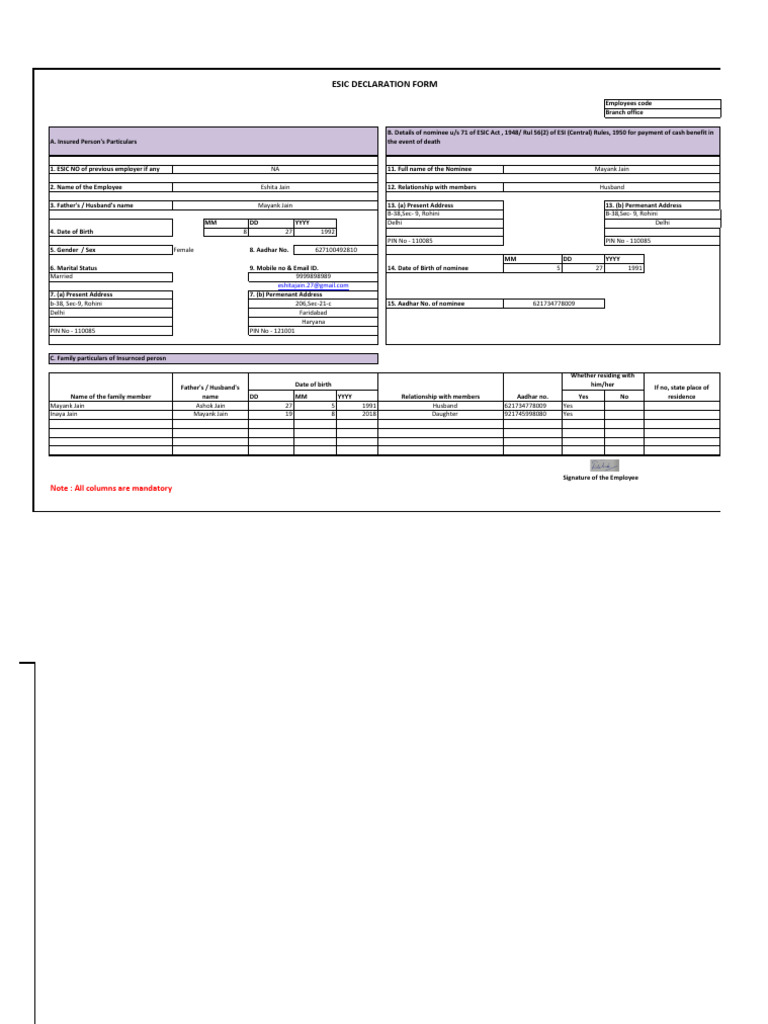 ESIC Declaration Form Sample Completion | PDF | Social Programs ...