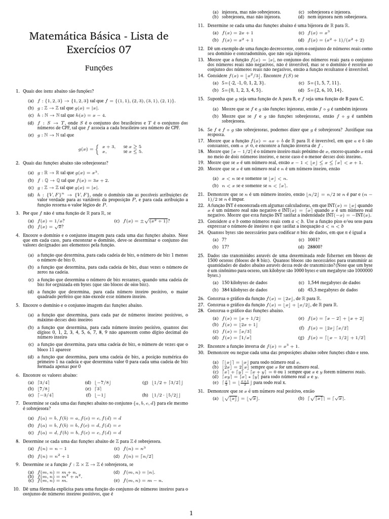 Lista de Funções 2022-2 (1) | PDF | Função (Matemática) | Lógica matemática