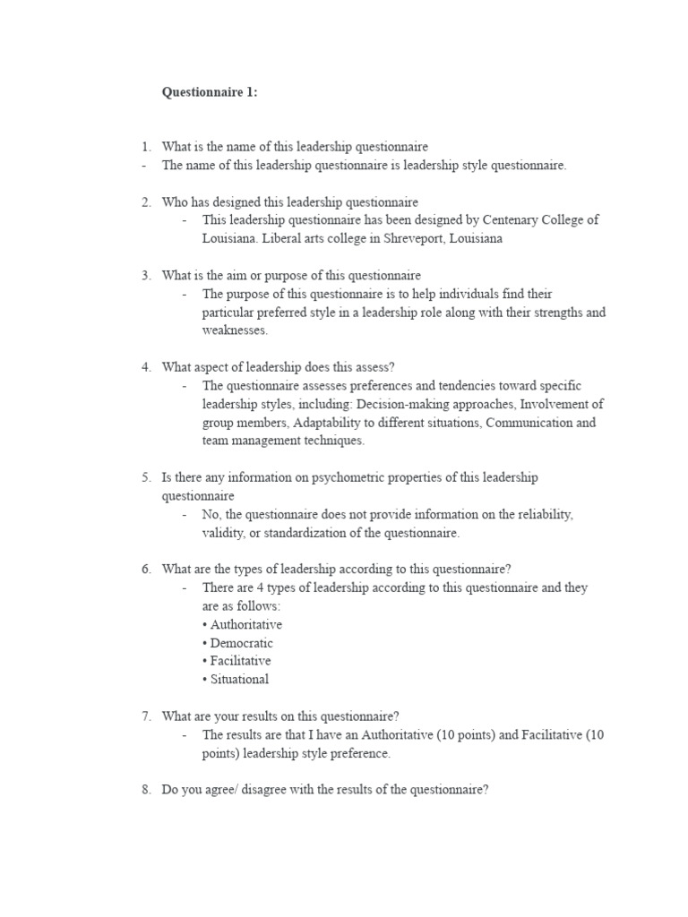Leadership Style Questionnaire Overview | PDF | Leadership | Psychology