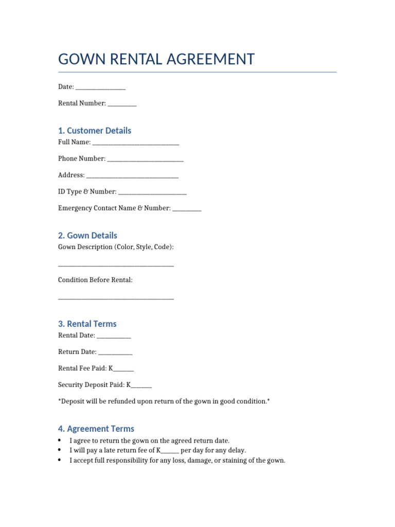 Gown Rental Agreement Template | PDF