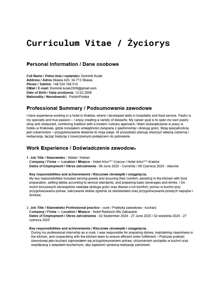 CV W Dwóch Językach | PDF